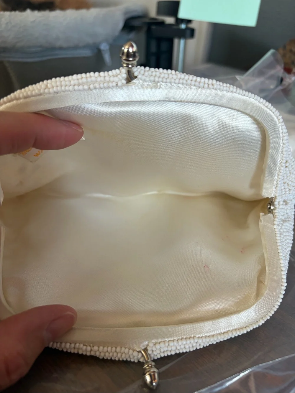 Vintage Walborg Hand Made Pearl-Embellished White Beaded Evening Clutch